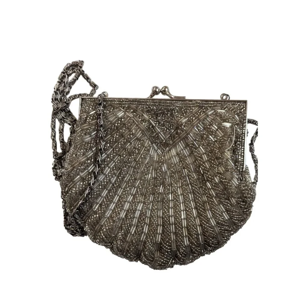 Coloriffics Vintage Silver Beaded Shell Evening Bag Crossbody Clutch Kiss Lock‎